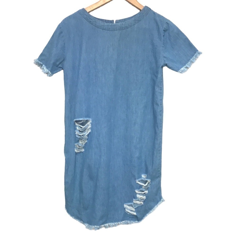 LA Classe Couture chambray short sleeve distressed ripped dress size Small